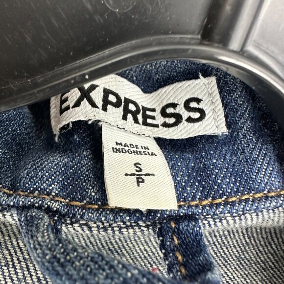 Express Denim Jean Jacket S Womens Black Faux Leather Long Sleeves Medium Wash - Picture 6 of 7